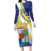 Personalized Curacao Coat of Arms Long Sleeve Bodycon Dress Map Flag Style