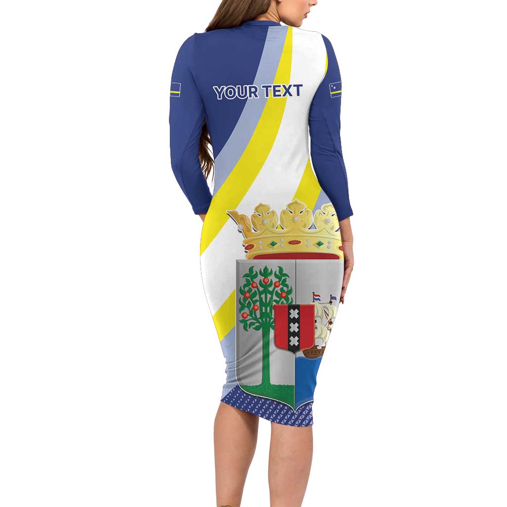 Personalized Curacao Coat of Arms Long Sleeve Bodycon Dress Map Flag Style