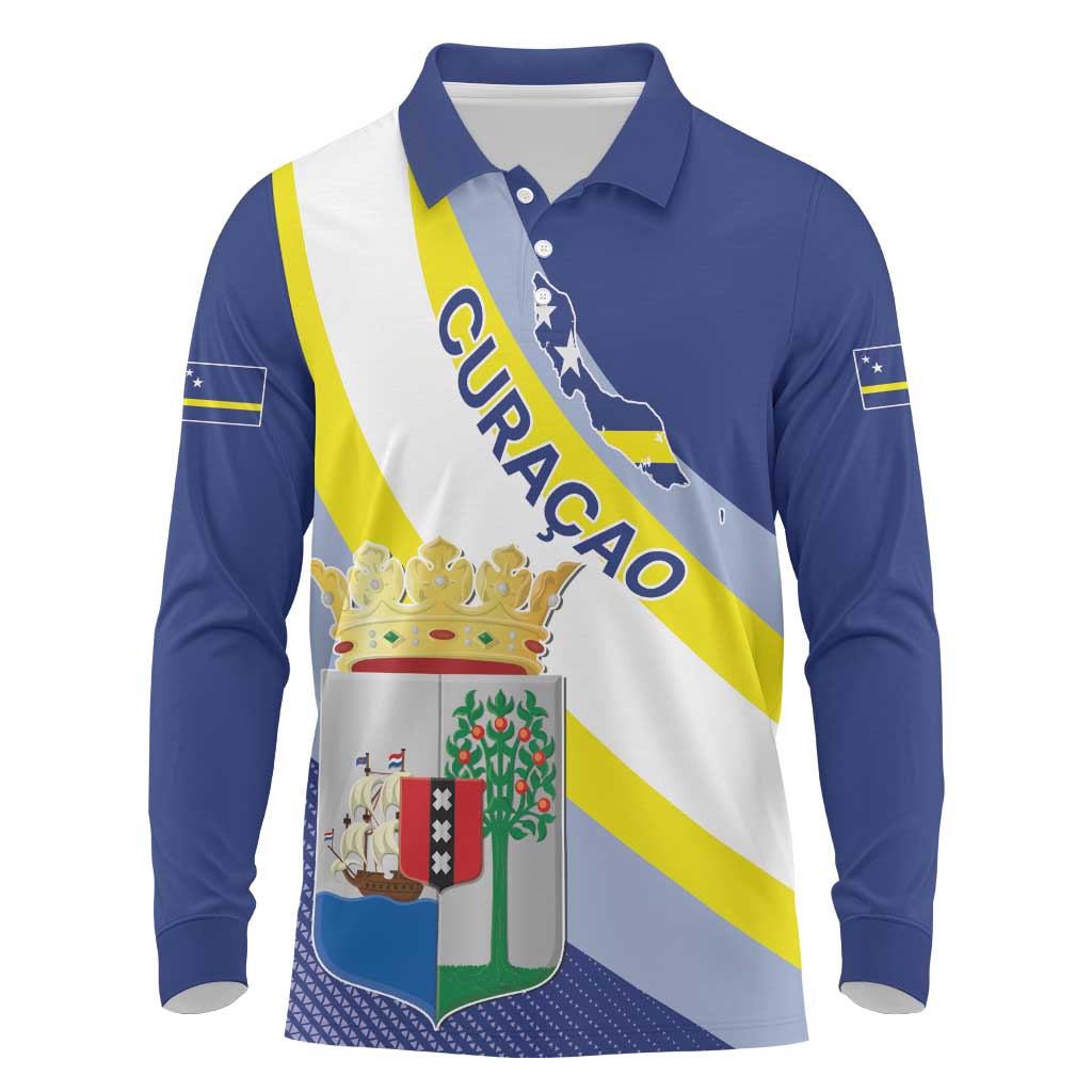 Personalized Curacao Coat of Arms Long Sleeve Polo Shirt Map Flag Style