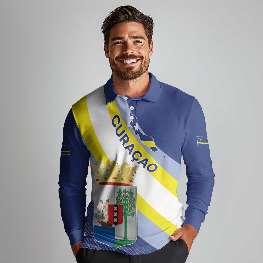 Personalized Curacao Coat of Arms Long Sleeve Polo Shirt Map Flag Style