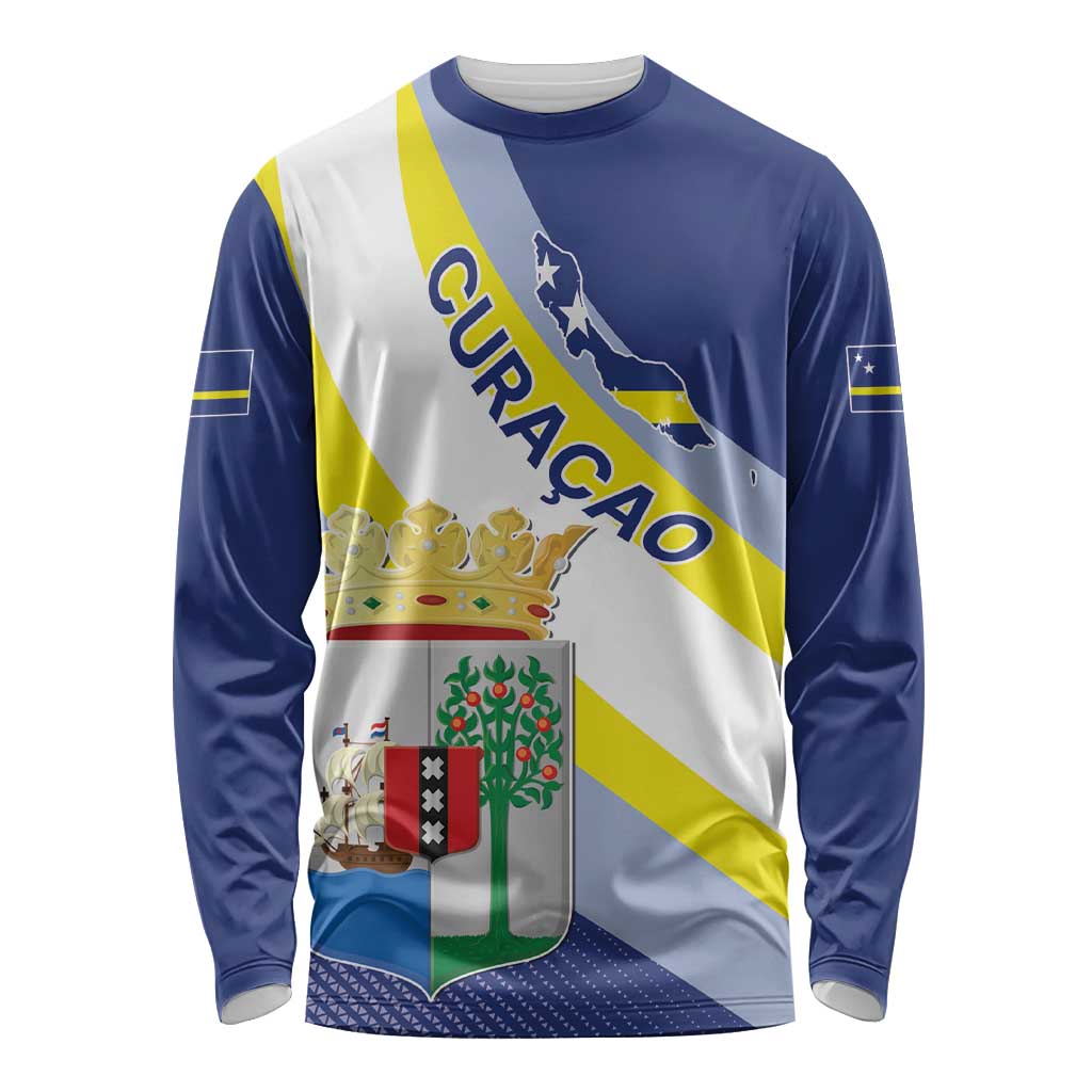 Personalized Curacao Coat of Arms Long Sleeve Shirt Map Flag Style