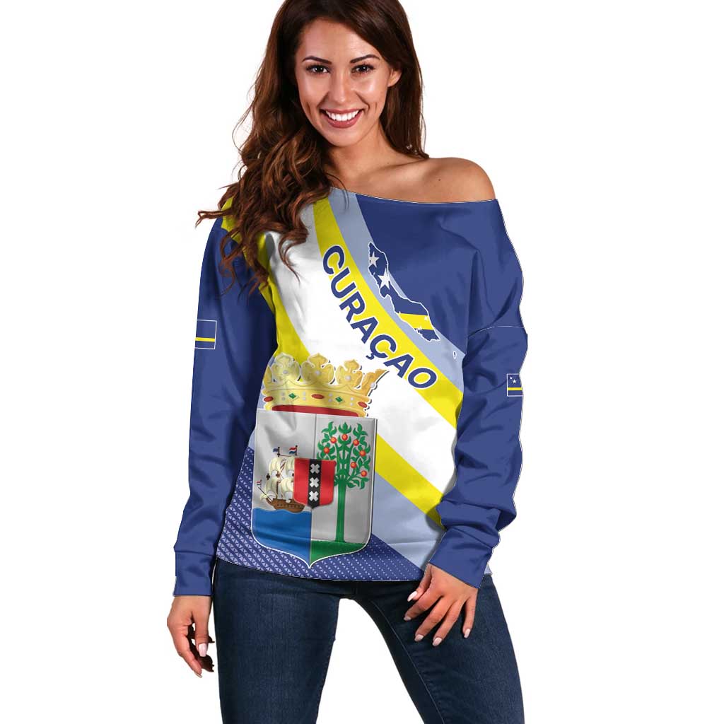 Personalized Curacao Coat of Arms Off Shoulder Sweater Map Flag Style