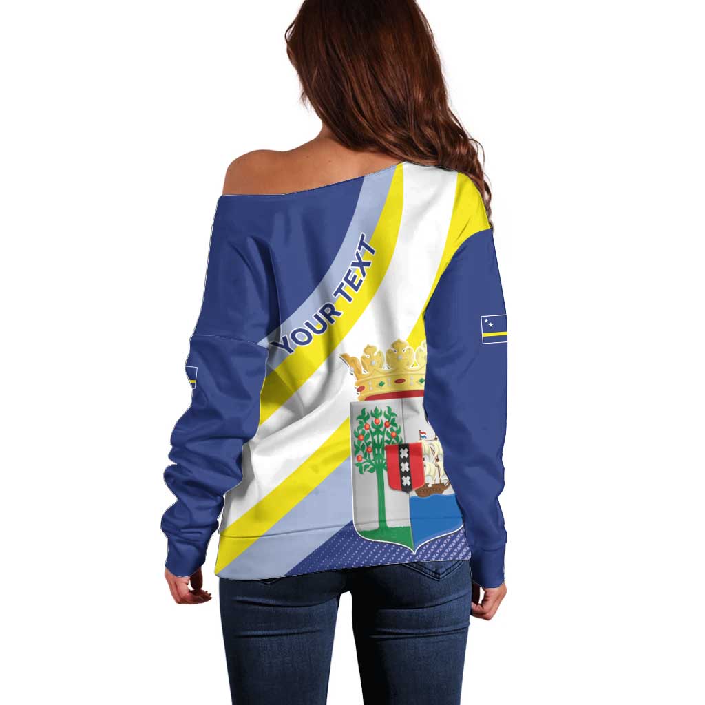 Personalized Curacao Coat of Arms Off Shoulder Sweater Map Flag Style