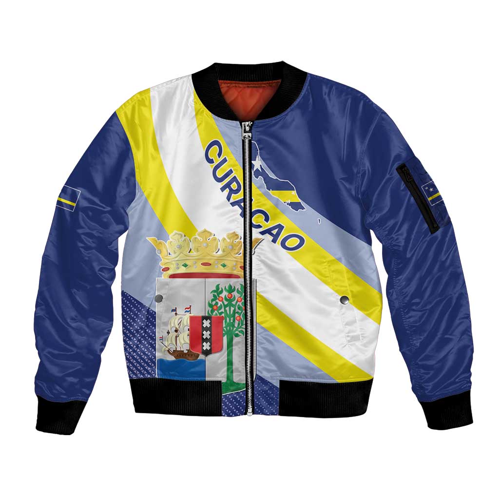 Personalized Curacao Coat of Arms Sleeve Zip Bomber Jacket Map Flag Style