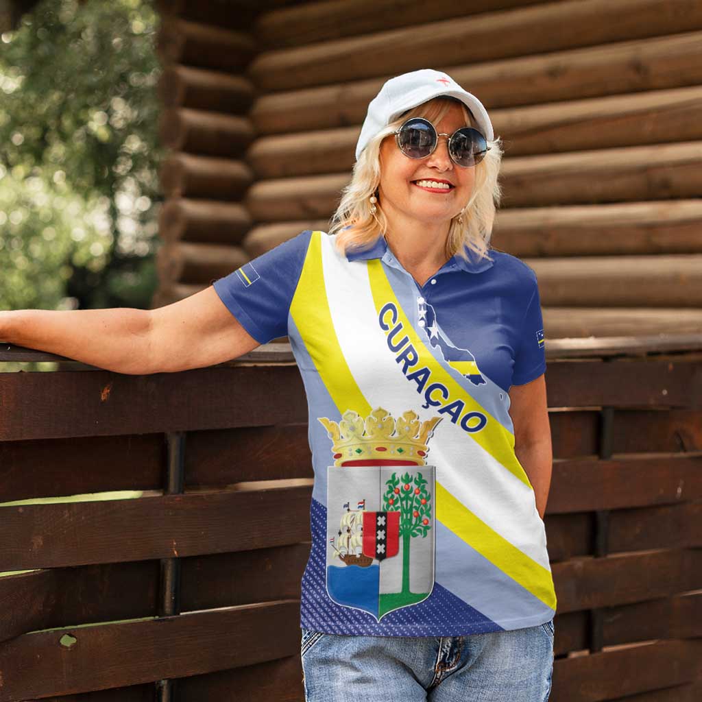 Personalized Curacao Coat of Arms Women Polo Shirt Map Flag Style