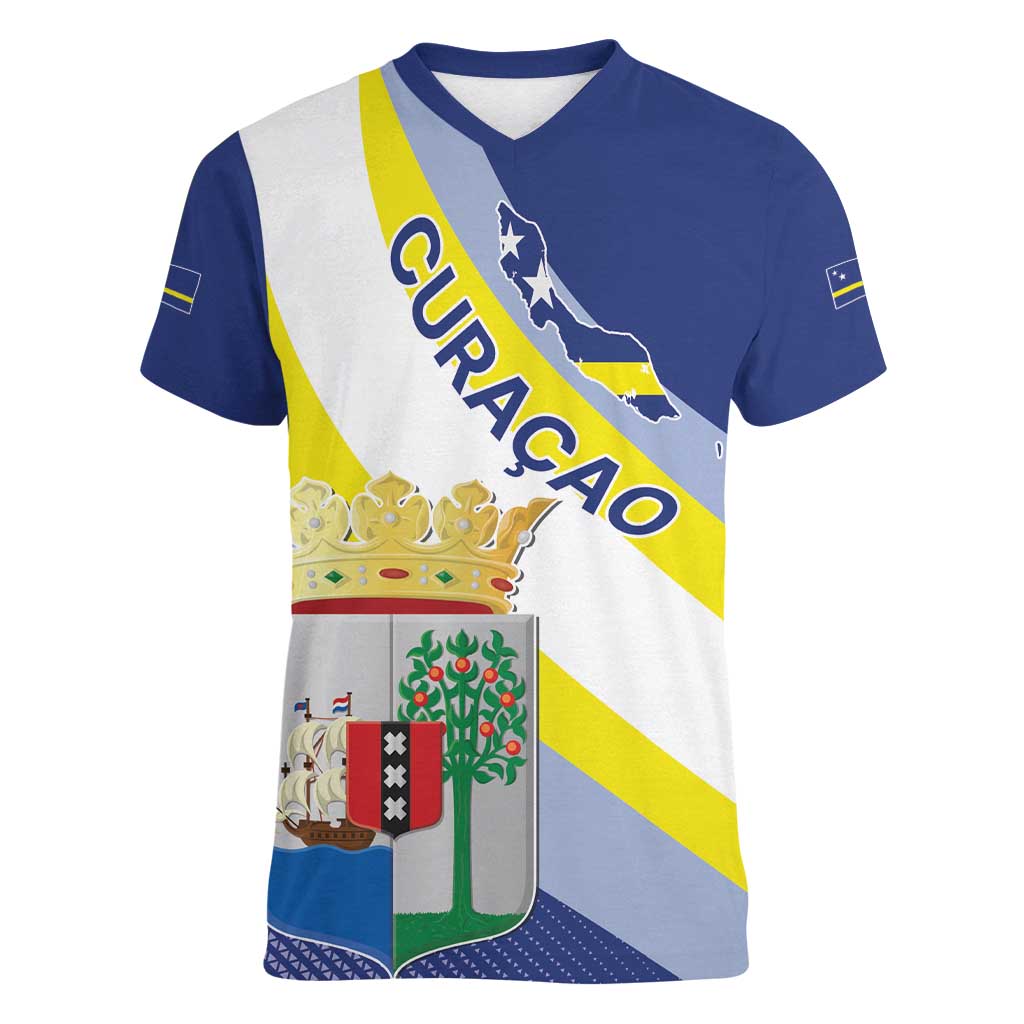Personalized Curacao Coat of Arms Women V-Neck T-Shirt Map Flag Style