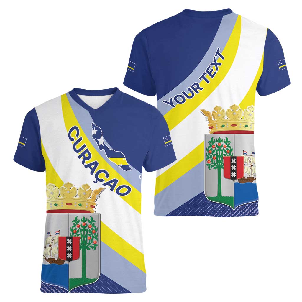Personalized Curacao Coat of Arms Women V-Neck T-Shirt Map Flag Style