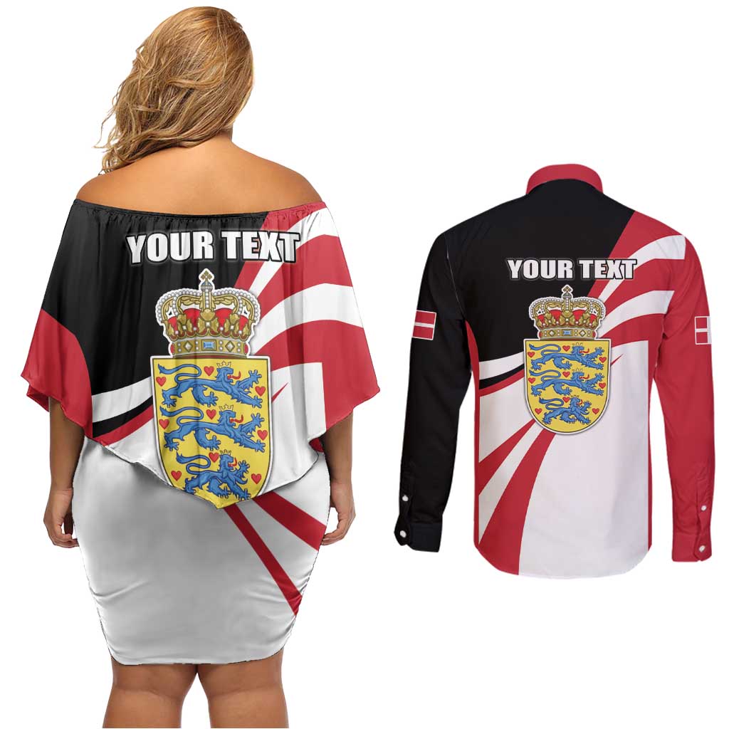 Personalized Danmark Coat of Arms Couples Matching Off Shoulder Short Dress and Long Sleeve Button Shirt Denmark Three Pale Blue Lions
