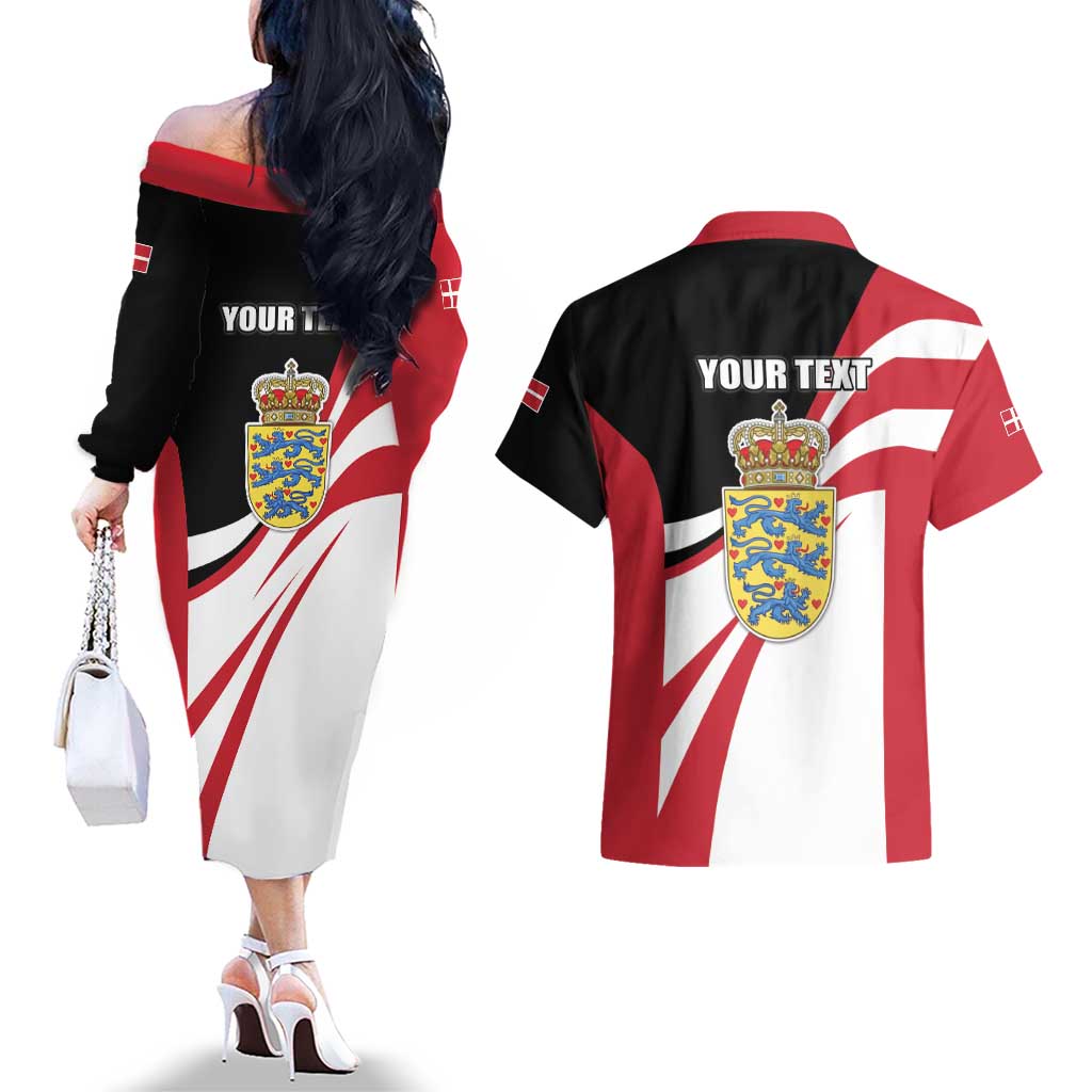 Personalized Danmark Coat of Arms Couples Matching Off The Shoulder Long Sleeve Dress and Hawaiian Shirt Denmark Three Pale Blue Lions