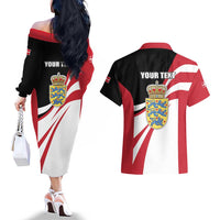 Personalized Danmark Coat of Arms Couples Matching Off The Shoulder Long Sleeve Dress and Hawaiian Shirt Denmark Three Pale Blue Lions