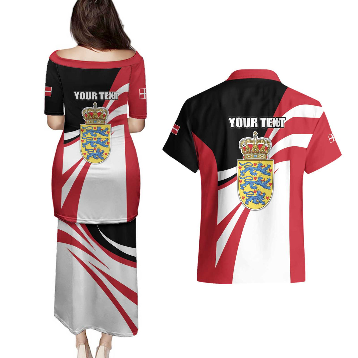 Personalized Danmark Coat of Arms Couples Matching Puletasi and Hawaiian Shirt Denmark Three Pale Blue Lions