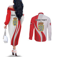 Personalized Danmark Football Couples Matching Off The Shoulder Long Sleeve Dress and Long Sleeve Button Shirt Denmark Sporty Style Danish Dynamite