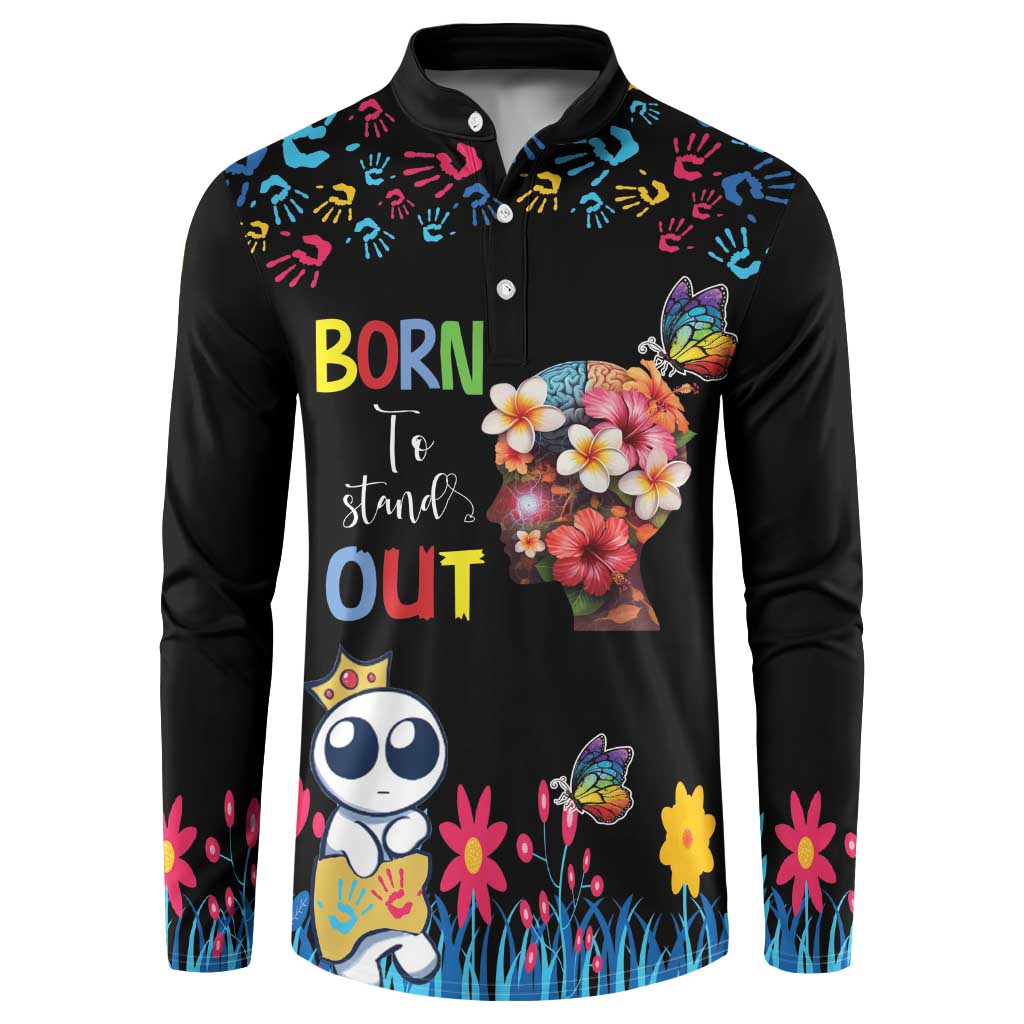 Born to Stand Out Autism Awareness Button Sweatshirt Brain Mind and Yippee!