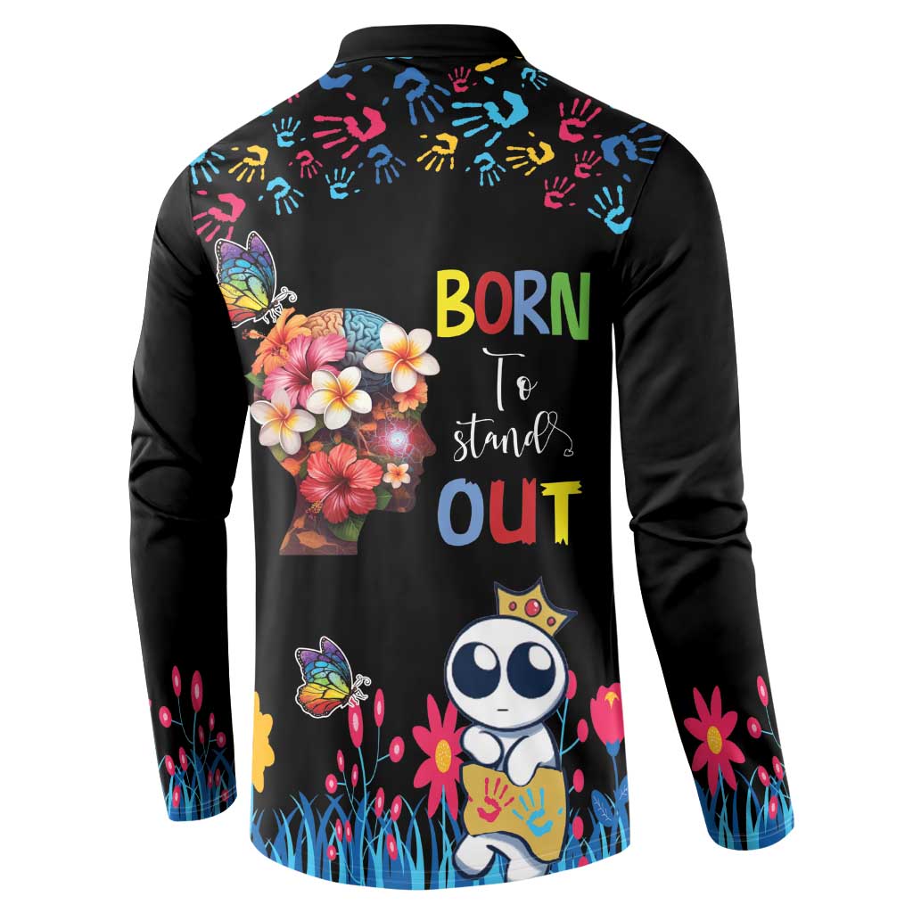 Born to Stand Out Autism Awareness Button Sweatshirt Brain Mind and Yippee!