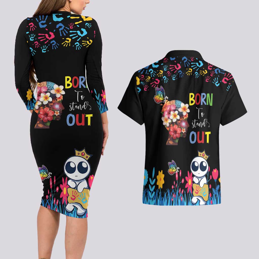 Born to Stand Out Autism Awareness Couples Matching Long Sleeve Bodycon Dress and Hawaiian Shirt Brain Mind and Yippee!
