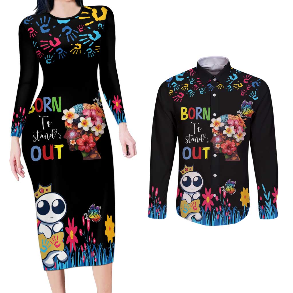 Born to Stand Out Autism Awareness Couples Matching Long Sleeve Bodycon Dress and Long Sleeve Button Shirt Brain Mind and Yippee!
