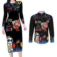 Born to Stand Out Autism Awareness Couples Matching Long Sleeve Bodycon Dress and Long Sleeve Button Shirt Brain Mind and Yippee!