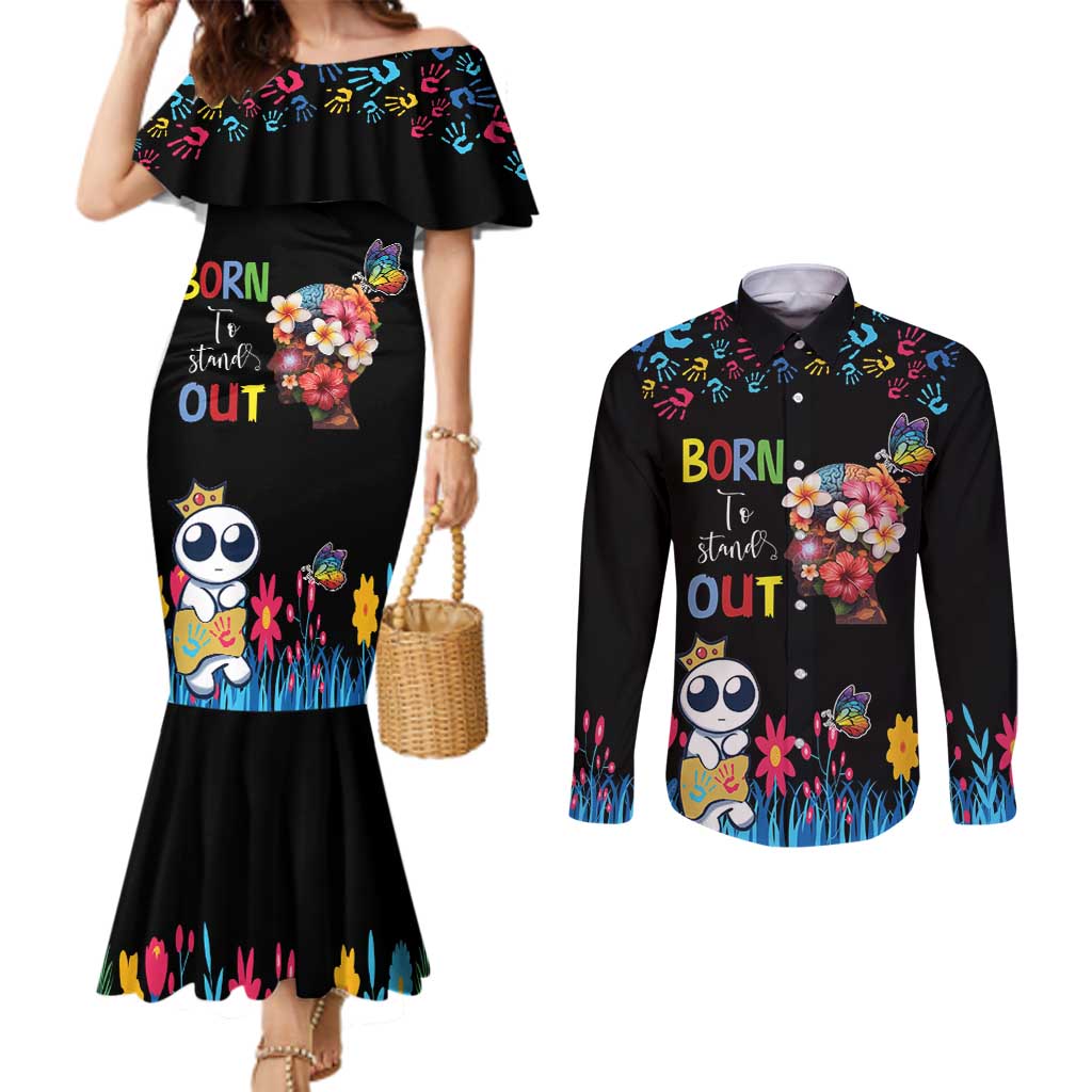 Born to Stand Out Autism Awareness Couples Matching Mermaid Dress and Long Sleeve Button Shirt Brain Mind and Yippee!