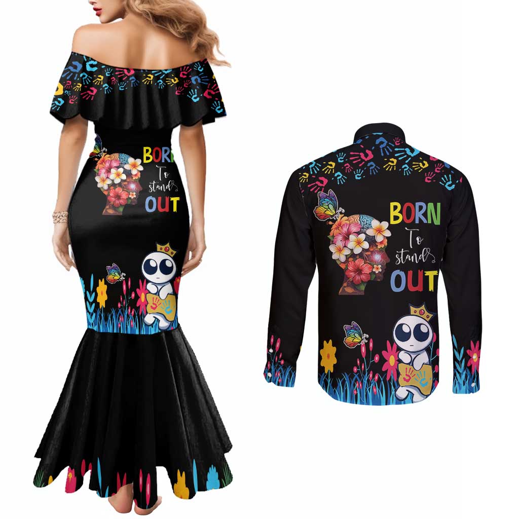 Born to Stand Out Autism Awareness Couples Matching Mermaid Dress and Long Sleeve Button Shirt Brain Mind and Yippee!