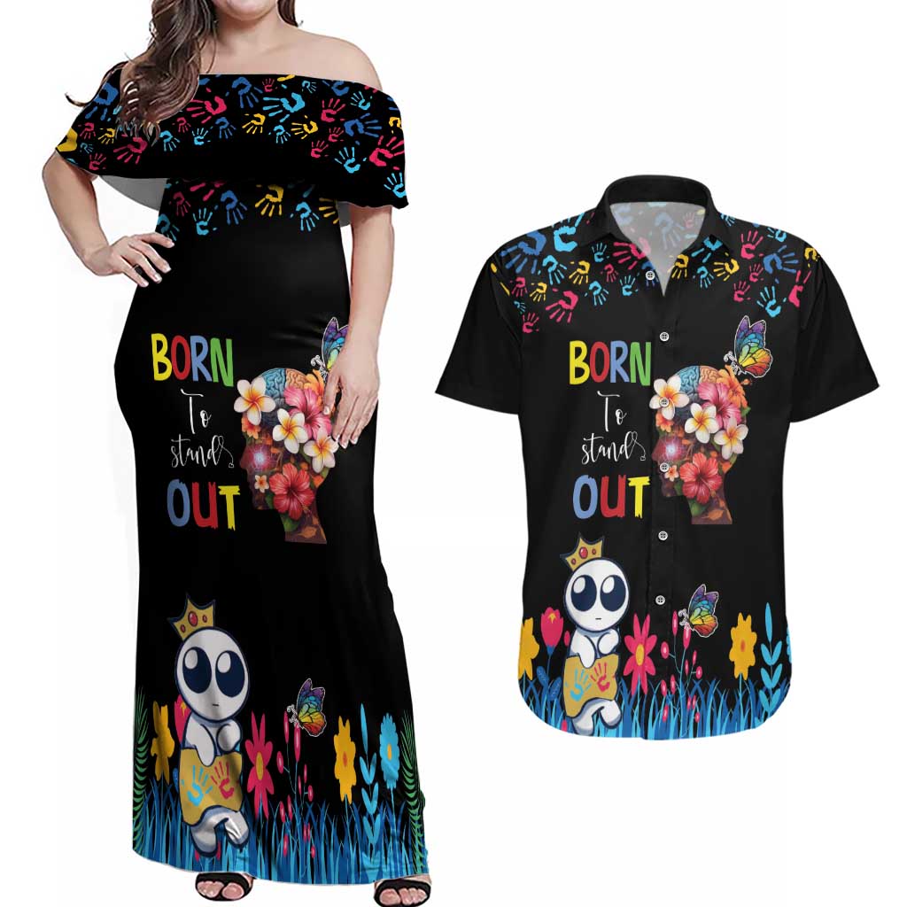Born to Stand Out Autism Awareness Couples Matching Off Shoulder Maxi Dress and Hawaiian Shirt Brain Mind and Yippee!