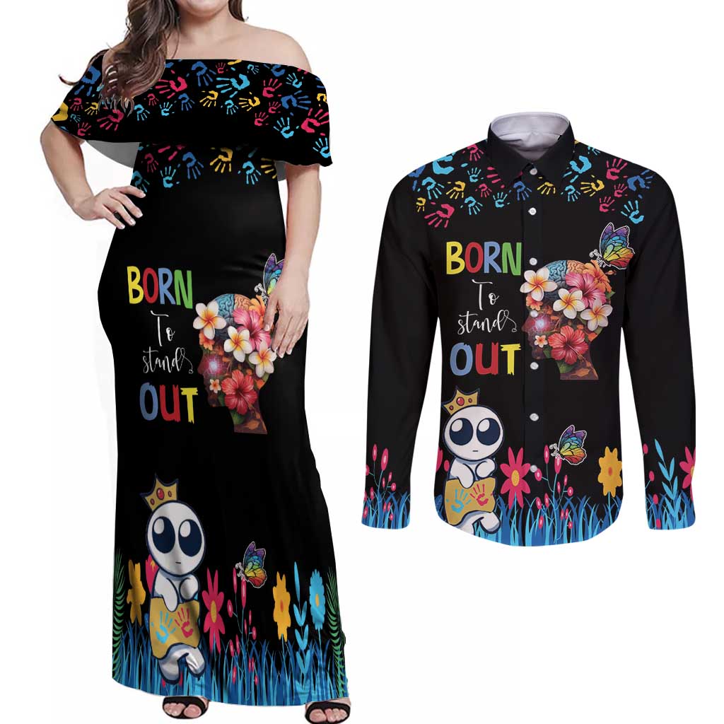Born to Stand Out Autism Awareness Couples Matching Off Shoulder Maxi Dress and Long Sleeve Button Shirt Brain Mind and Yippee!