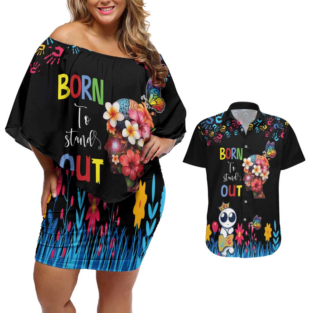 Born to Stand Out Autism Awareness Couples Matching Off Shoulder Short Dress and Hawaiian Shirt Brain Mind and Yippee!