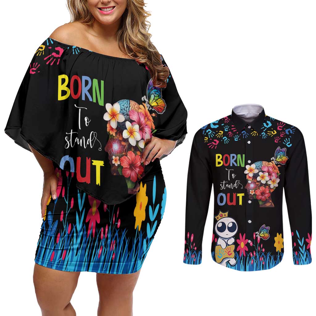 Born to Stand Out Autism Awareness Couples Matching Off Shoulder Short Dress and Long Sleeve Button Shirt Brain Mind and Yippee!