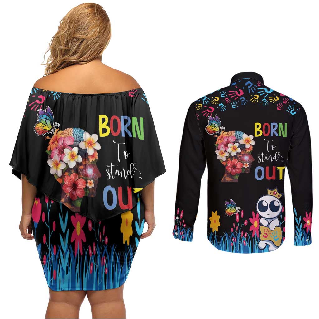 Born to Stand Out Autism Awareness Couples Matching Off Shoulder Short Dress and Long Sleeve Button Shirt Brain Mind and Yippee!
