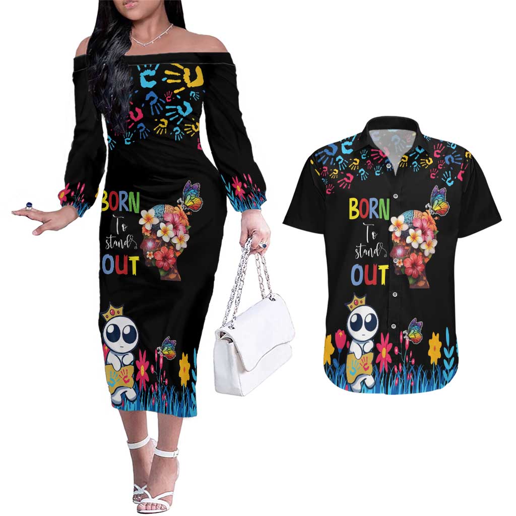 Born to Stand Out Autism Awareness Couples Matching Off The Shoulder Long Sleeve Dress and Hawaiian Shirt Brain Mind and Yippee!