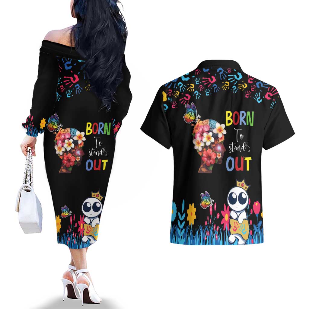 Born to Stand Out Autism Awareness Couples Matching Off The Shoulder Long Sleeve Dress and Hawaiian Shirt Brain Mind and Yippee!