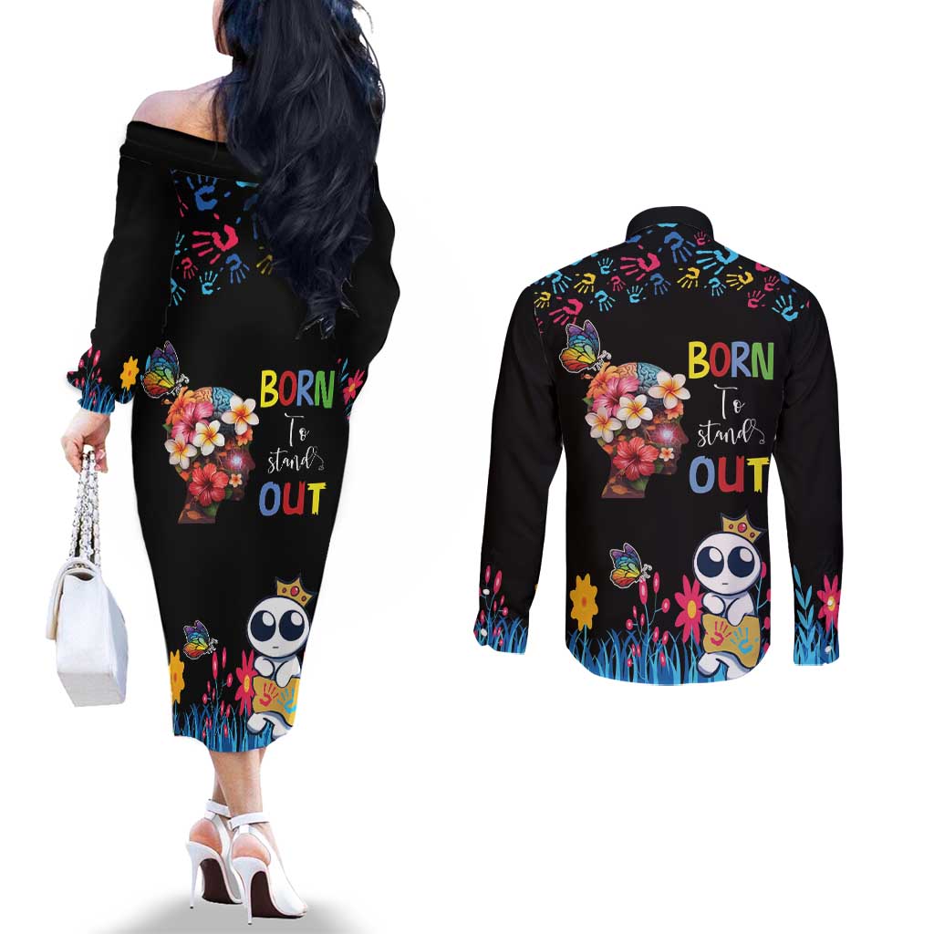 Born to Stand Out Autism Awareness Couples Matching Off The Shoulder Long Sleeve Dress and Long Sleeve Button Shirt Brain Mind and Yippee!