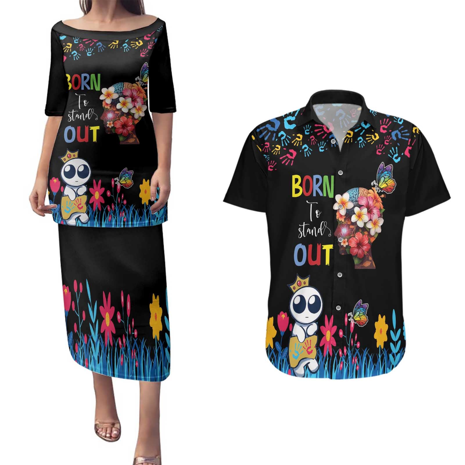 Born to Stand Out Autism Awareness Couples Matching Puletasi and Hawaiian Shirt Brain Mind and Yippee!