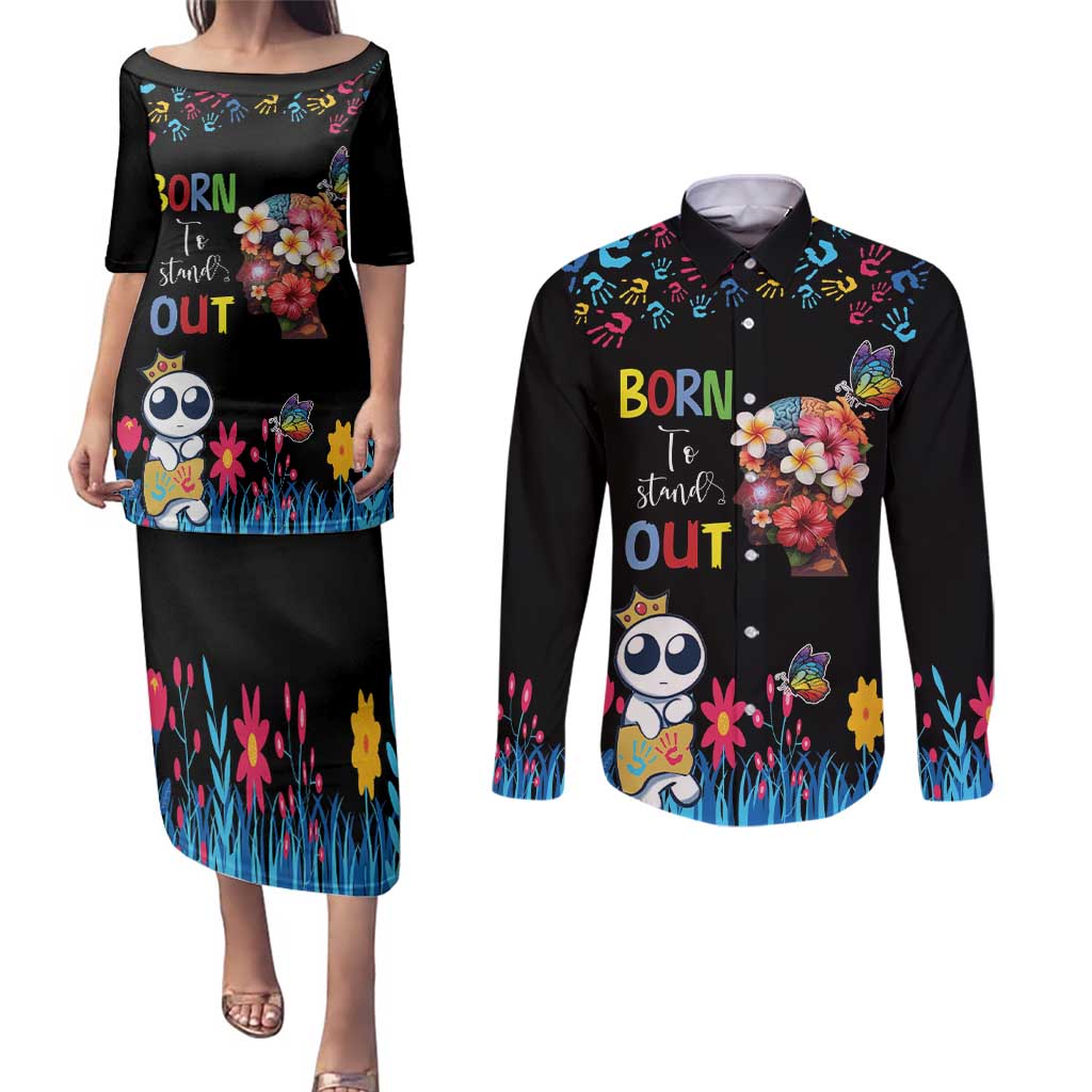 Born to Stand Out Autism Awareness Couples Matching Puletasi and Long Sleeve Button Shirt Brain Mind and Yippee!