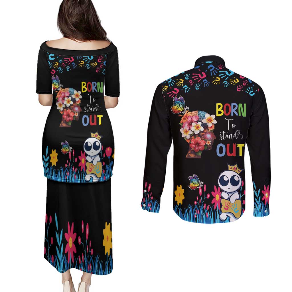 Born to Stand Out Autism Awareness Couples Matching Puletasi and Long Sleeve Button Shirt Brain Mind and Yippee!