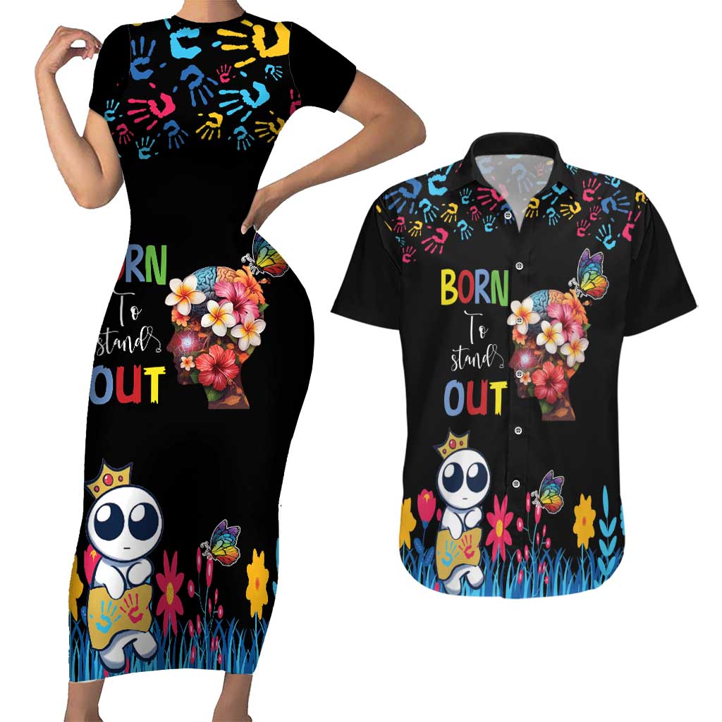 Born to Stand Out Autism Awareness Couples Matching Short Sleeve Bodycon Dress and Hawaiian Shirt Brain Mind and Yippee!