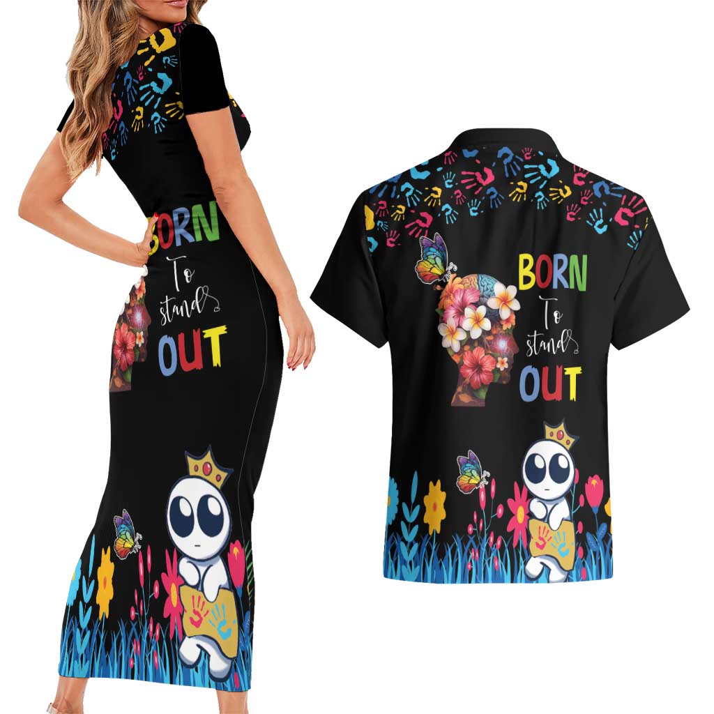 Born to Stand Out Autism Awareness Couples Matching Short Sleeve Bodycon Dress and Hawaiian Shirt Brain Mind and Yippee!