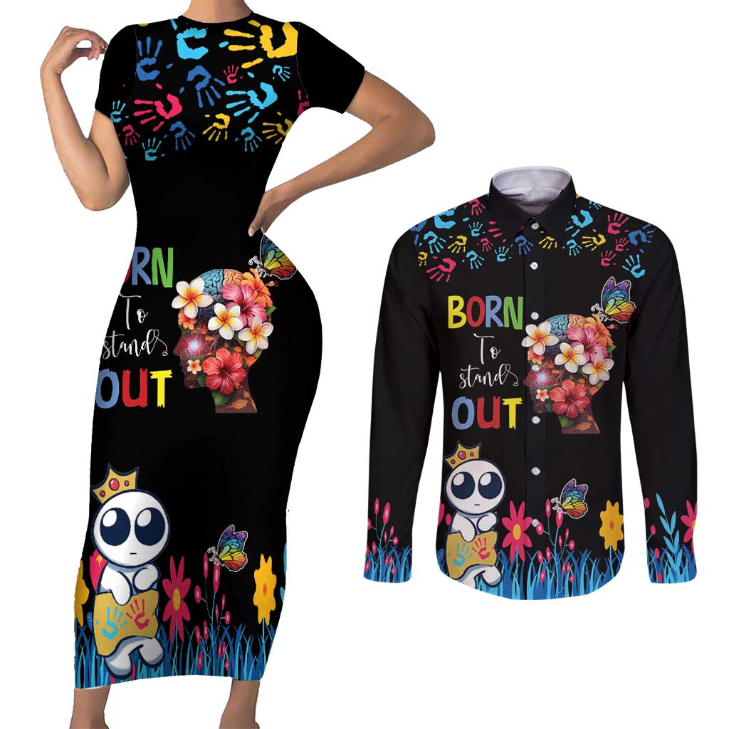 Born to Stand Out Autism Awareness Couples Matching Short Sleeve Bodycon Dress and Long Sleeve Button Shirt Brain Mind and Yippee!