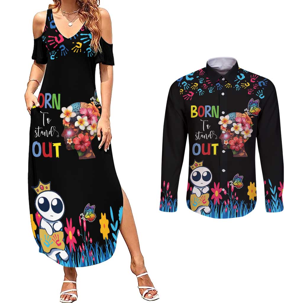 Born to Stand Out Autism Awareness Couples Matching Summer Maxi Dress and Long Sleeve Button Shirt Brain Mind and Yippee!