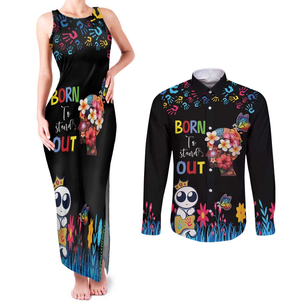 Born to Stand Out Autism Awareness Couples Matching Tank Maxi Dress and Long Sleeve Button Shirt Brain Mind and Yippee!