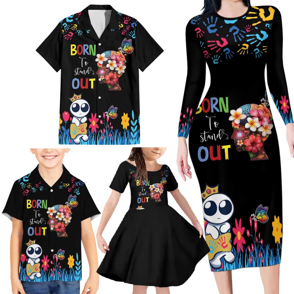 Born to Stand Out Autism Awareness Family Matching Long Sleeve Bodycon Dress and Hawaiian Shirt Brain Mind and Yippee!