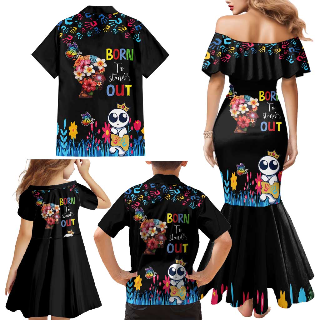 Born to Stand Out Autism Awareness Family Matching Mermaid Dress and Hawaiian Shirt Brain Mind and Yippee!