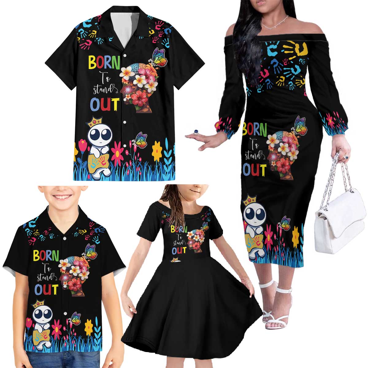 Born to Stand Out Autism Awareness Family Matching Off The Shoulder Long Sleeve Dress and Hawaiian Shirt Brain Mind and Yippee!
