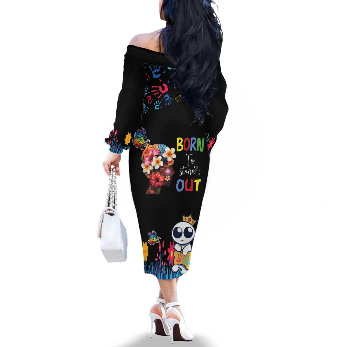 Born to Stand Out Autism Awareness Family Matching Off The Shoulder Long Sleeve Dress and Hawaiian Shirt Brain Mind and Yippee!