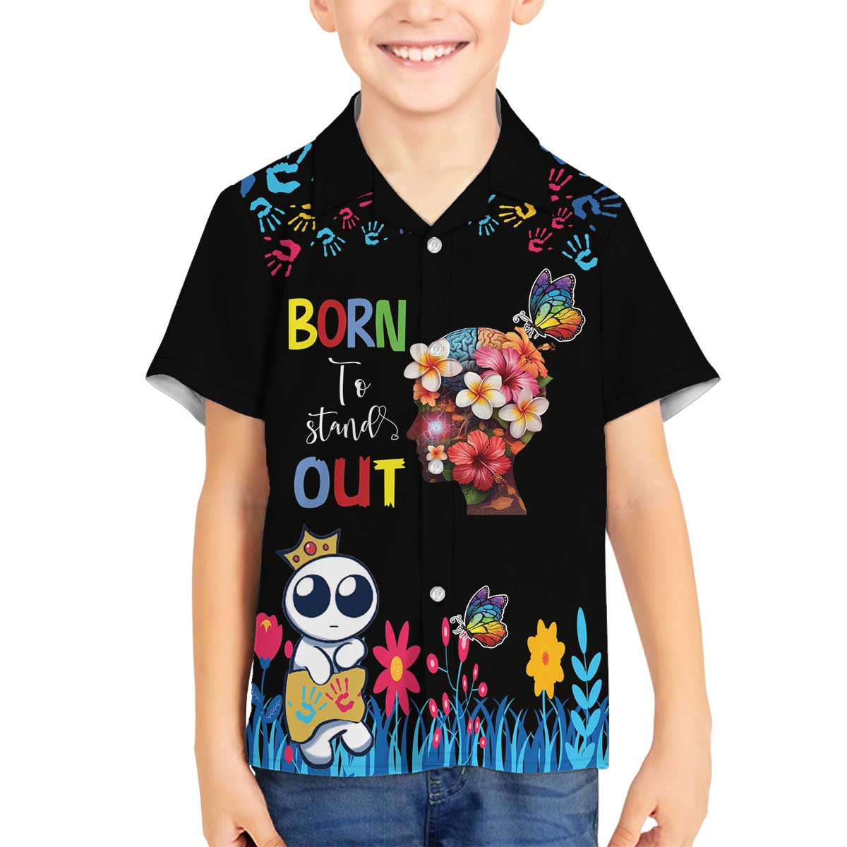 Born to Stand Out Autism Awareness Family Matching Off The Shoulder Long Sleeve Dress and Hawaiian Shirt Brain Mind and Yippee!