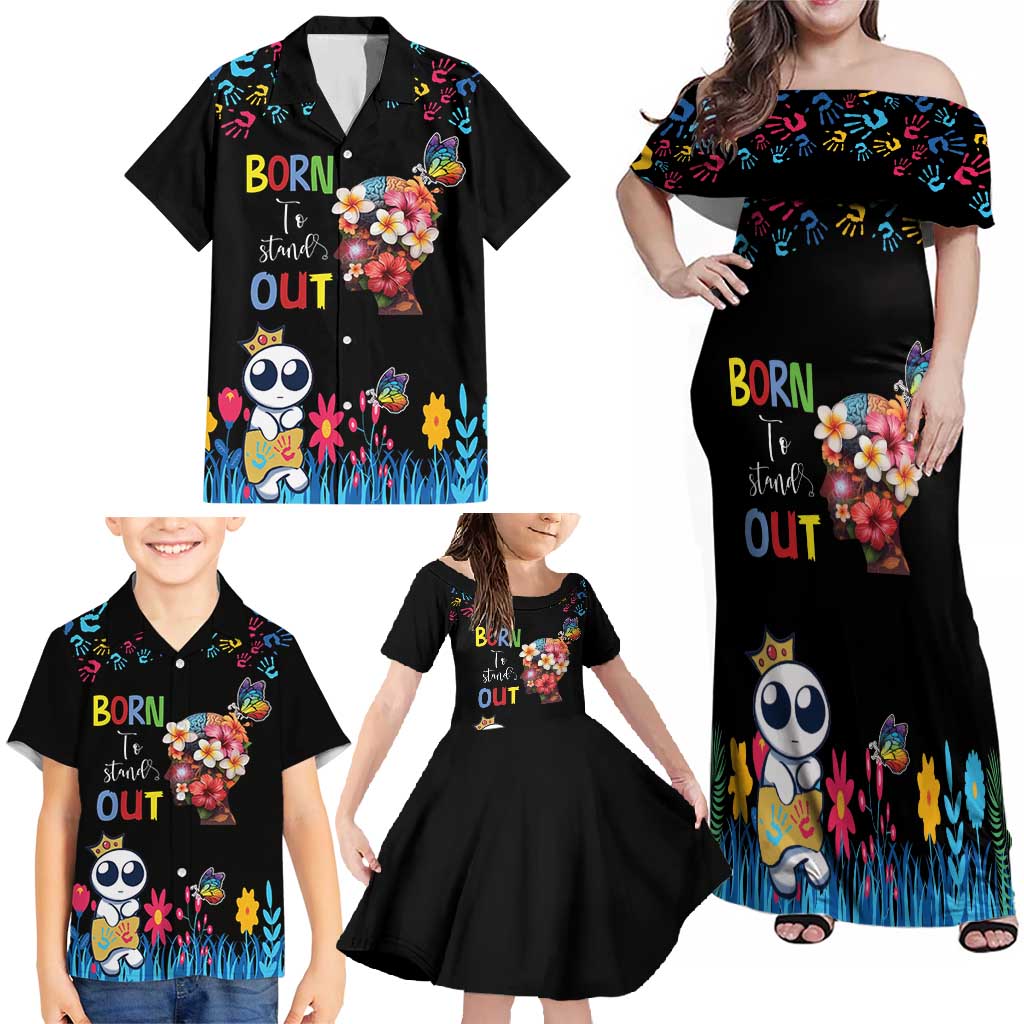 Born to Stand Out Autism Awareness Family Matching Off Shoulder Maxi Dress and Hawaiian Shirt Brain Mind and Yippee!