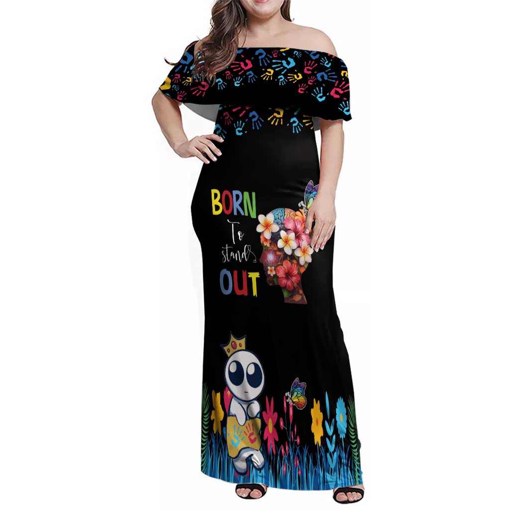 Born to Stand Out Autism Awareness Family Matching Off Shoulder Maxi Dress and Hawaiian Shirt Brain Mind and Yippee!