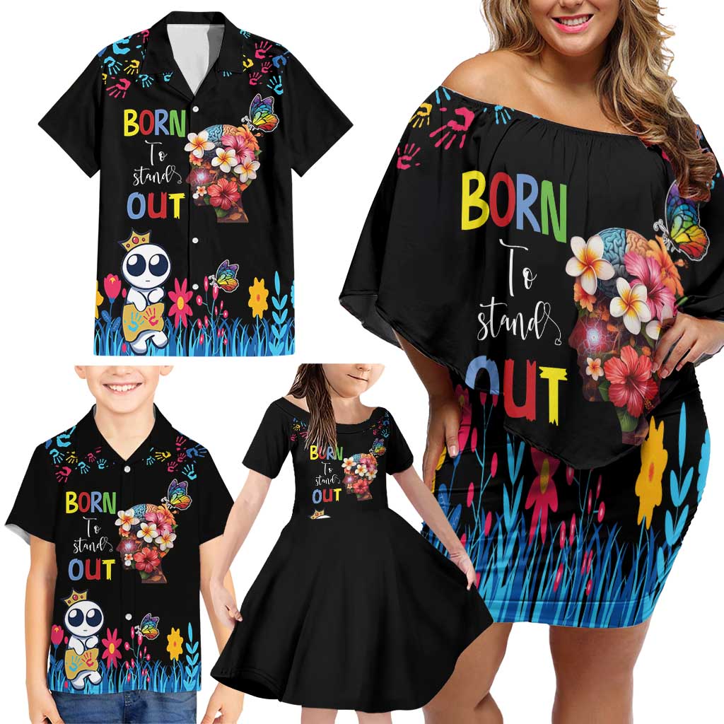 Born to Stand Out Autism Awareness Family Matching Off Shoulder Short Dress and Hawaiian Shirt Brain Mind and Yippee!