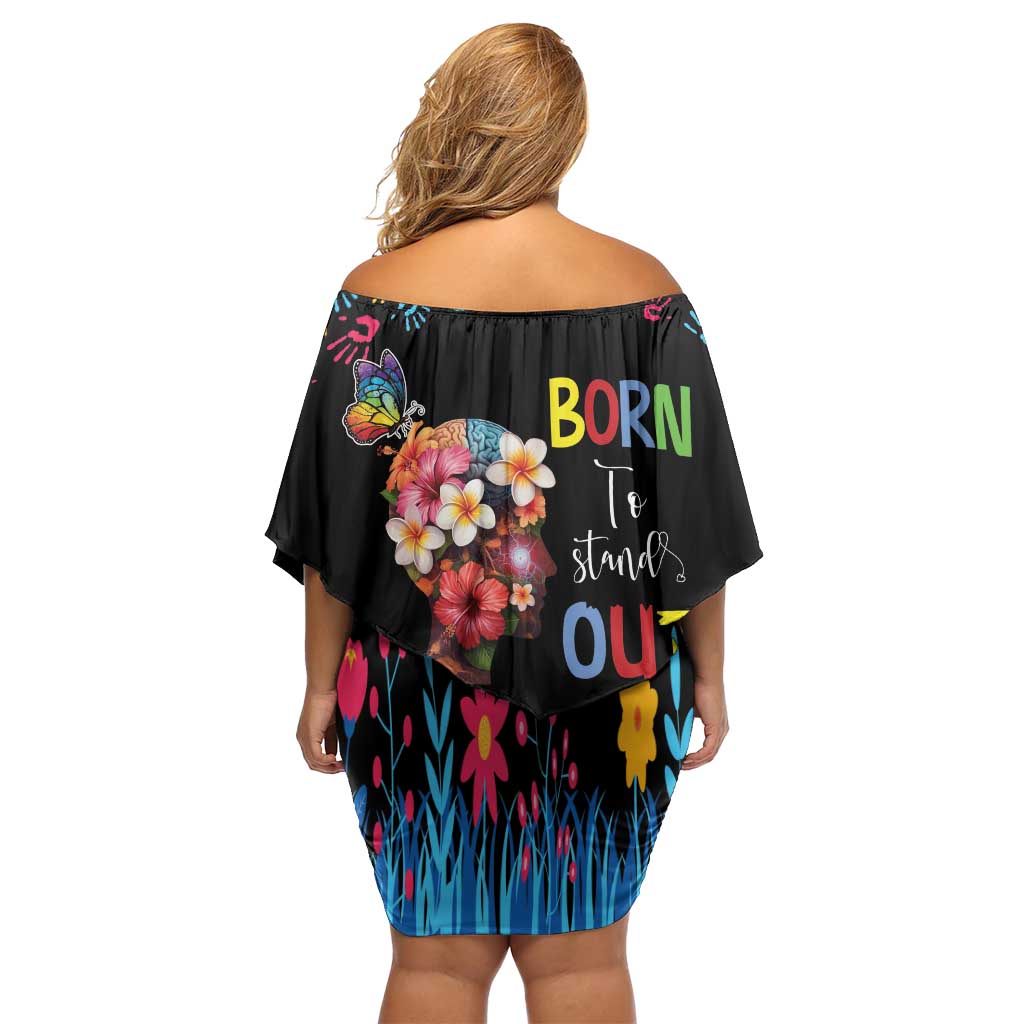 Born to Stand Out Autism Awareness Family Matching Off Shoulder Short Dress and Hawaiian Shirt Brain Mind and Yippee!