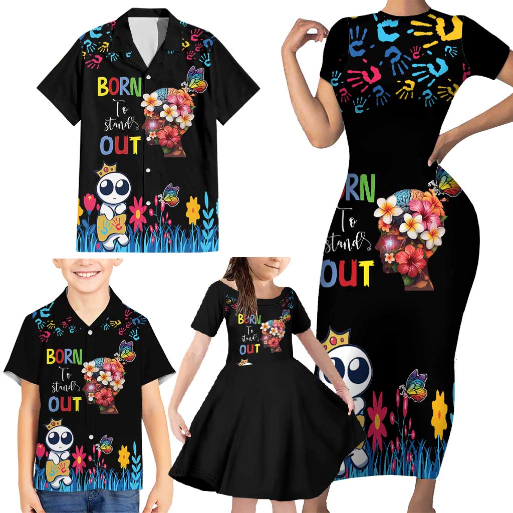 Born to Stand Out Autism Awareness Family Matching Short Sleeve Bodycon Dress and Hawaiian Shirt Brain Mind and Yippee!