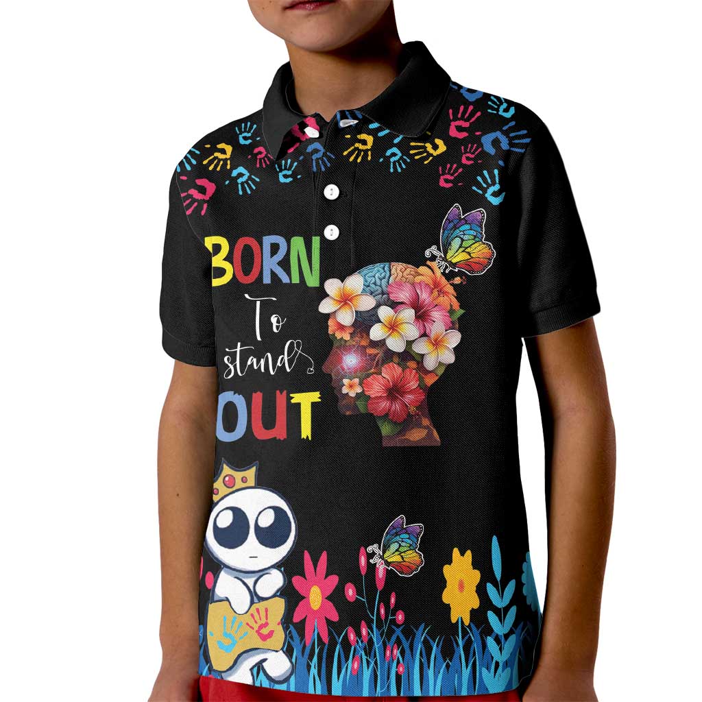 Born to Stand Out Autism Awareness Kid Polo Shirt Brain Mind and Yippee!